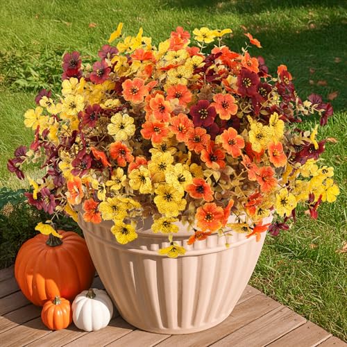 ATTGREAT Artificial Fall Flowers Outdoors UV Resistant Fake Mums Bulk Outside Faux Mums Plants Decorations for Home Garden Porch Hanging Planter Autumn Decor, 24 Bundles (Mix Orange Yellow Fall Red) - color: Orange Yellow Fall Red, size: 24PCS