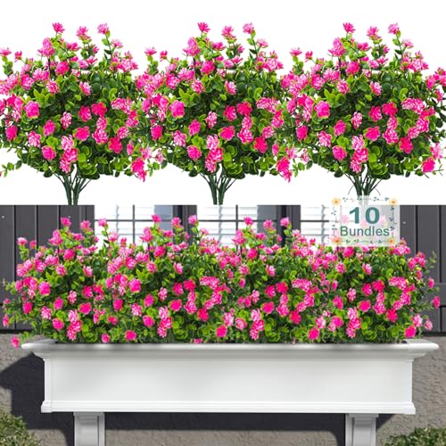 10 Bundles Artificial Flowers for Outdoors,UV Resistant Realisic Fake Plastic Plants Artificial Shrubs Spring Flowers Decor of Vase and Outside Window Box, Ferns Plants for Planter-Pink - color: Pink, size: 10PCS