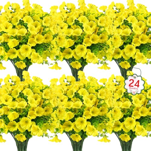 Ouddy Decor 24 Bundles Artificial Flowers for Outdoors Decoration Fake Silk Morning Glory Flowers Faux Eucalyptus Plants UV Resistant for Porch Patio Garden Spring Summer Home Decor, Yellow - color: Yellow