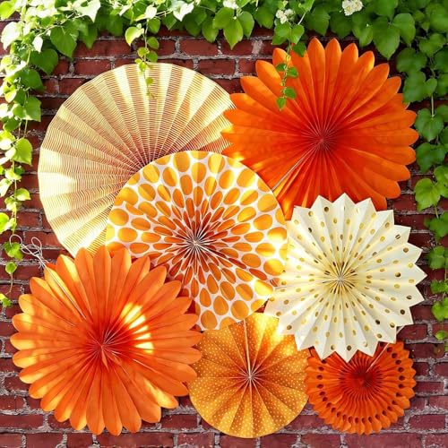 SUNBEAUTY Pack of 7 Hanging Paper Fans Collection Orange Paper Fans Home Party Photo Backdrop Decorations - color: Wd-orange