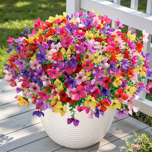 SHareconn 20 Bundles Artificial Flowers Outdoors Decoration, Fake Silk mums Eucalyptus Realistic UV Resistant Faux Plants for Outside Indoor Planter Porch Yard Home Spring Decor,6 Colors incl. Yellow - color: Redrosypurpledeeppurpleyellowpink