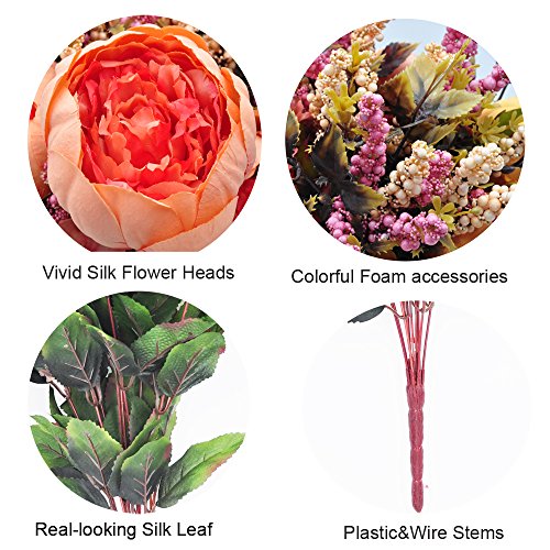 2pcs Artificial Peony Bouquets,19 Inch Silk Peony Bunch with 7 Faux Flowers,Classical Style Artificial Flowers with Leaves and Ornaments for Wedding,Home Décor Centerpieces(Orange) - color: Orange, size: Pack of 2