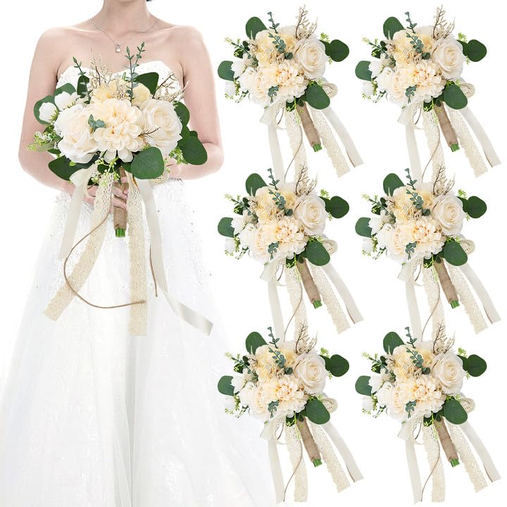 Set of 6 Bridesmaid Bouquets for Wedding, 9 Inch Boho Bridesmaid Flowers for Ceremony Anniversary Centerpieces Decorations, Artificial Rose Bouquets Romantic - Beige - color: Beige, size: Set of 6 Bridesmaid Bouquets