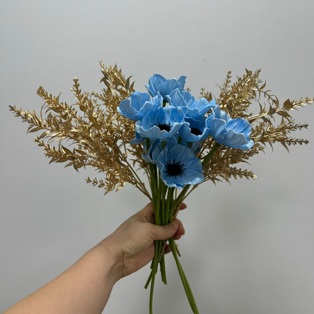 Rikyo 10 pcs Artificial Flower Light Blue Poppy Flowers, 11” Outdoor No Fade Multicolor PU Fake Wild Flower for Kitchen Table Centerpiece Vase,Home Greenery Wedding Holding Flowers Backdrop Arch Wall - color: Light Blue