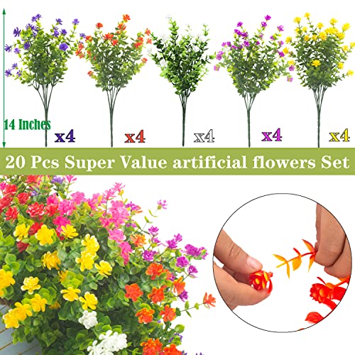 Grunyia 20 Bundles Outdoor Artificial Fake Flowers UV Resistant Boxwood Faux Plastic Plants for Hanging Garden Porch Window Box Outside Decoration(Mix) - color: Eucalyptus-mix