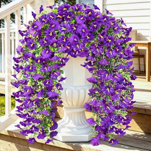 Artificial Hanging Flowers for Outdoor, 4Pcs UV Resistant Faux Morning Glory Flower Spring Summer Decroation, No Fade Fake Flower Trailing Vine for Porch Patio Balcony Yard Garden (Purple) - color: Purple