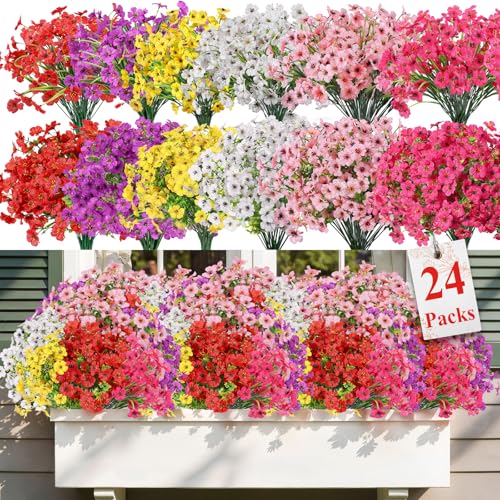 Alupssuc 24 Bundles Artificial Flowers for Outdoors Decoration, UV Resistant Silk Faux Daisy Flora Spring Fake Plastic Plants Greenery for Outside Indoor Yard Home Porch Window Box Decor, Mix 6 Colors - color: Red Rose Purple Yellow Pink White