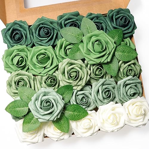25pcs Artificial Flower，Real Looking Foam Roses w/Stem for DIY Wedding Bouquets Centerpieces Bridal Shower Party Decor-Shades of Army Green - color: Shades of Green