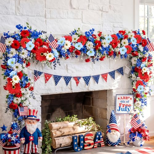 6 ft Red White Blue Garland 4th of July Patriotic Flower Garland for Mantle Artificial 250th Decoration with Daisy Lavender Vine Memorial Day Faux Floral for Independence Table Decor - style: Independence Day