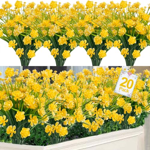 TURNMEON 20 Bundles Artificial Flowers for Outdoors, Summer Spring Grass Camellia Fake Flowers Plastic Plants,UV Resistant No Fade Faux Greenery for Gardens Porch Yards Cemetery Decor 500 Head(Yellow) - color: Yellow, size: 20 Bundles