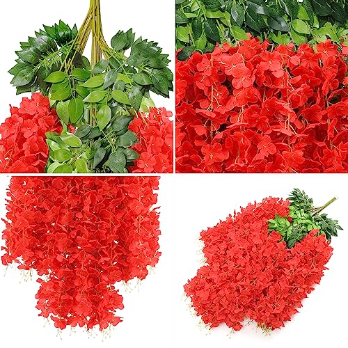 U'Artlines 24 Pack (Total 86.4 Feet) Artificial Fake Wisteria Vine Rattan Hanging Garland Silk Flowers String Home Party Wedding Decor (24, Red) - color: Red