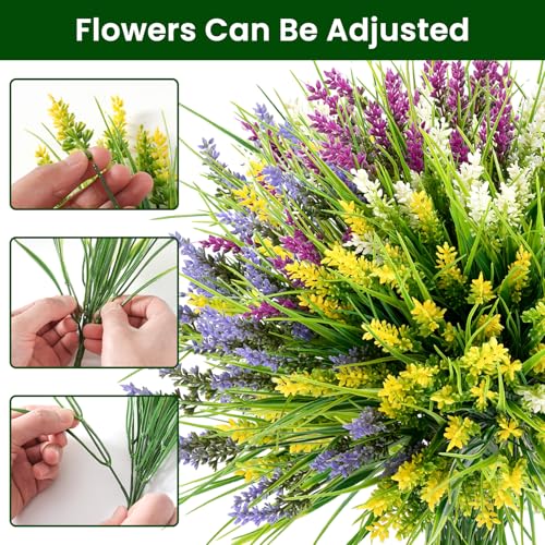 20 Bundles Artificial Plants Outdoor, UV Resistant Fake Flowers, Realistic Faux Lavender Shrubs for Porch Garden Window Box Home Decoration (White Yellow Lightpurple Rosy) - color: White Yellow Lightpurple Rosy