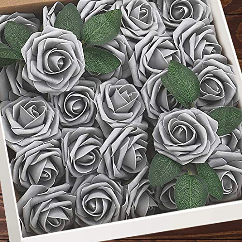 Higfra Artificial Flowers 25pcs Real Looking Fake Roses with Stems for DIY Wedding Bouquets Baby Shower Centerpieces Floral Arrangements Party Tables Home Decorations - color: Grey, size: 25Pcs