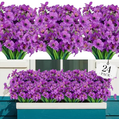 AGIRL 24 Bundles Artificial Flowers for Outdoor,No Fade Fake Plastic Flowers Faux Plants for Decoration Hanging Planters Indoor Outside Garden Porch Window Box Home Wedding Farmhouse - color: Purple, size: 24