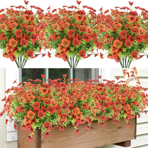 MACTING Fall Artificial Flowers for Outdoors 12 Bundles Fake Pansies UV Resistant Outdoor Faux Plants Plastic Greenery Shrubs for Planters Garden Patio Porch Balcony Outside Autumn Thanksgiving Decor - color: Orange&red, size: 12 PCS
