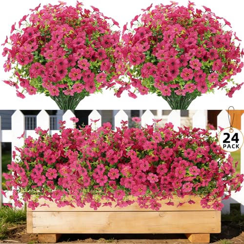 24 Bundles Artificial Flowers for Outdoors, UV Resistant Faux Flowers for Outdoor Planters, Fake Flowers for Outside Porch Patio Window Box, Mixed Color Daisy Bushes for Garden Decor(Rose Red) - color: Rose Red