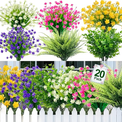 TURNMEON 20 Bundles Artificial Flowers for Outdoors, Summer Spring Grass Camellia Fake Flowers Fern Plants Eucalyptus, UV Resistant No Fade Faux Greenery for Gardens Cemetery Decor(Mixed 6 Styles 2) - color: Mixed 6 Styles 2, size: 20 Bundles