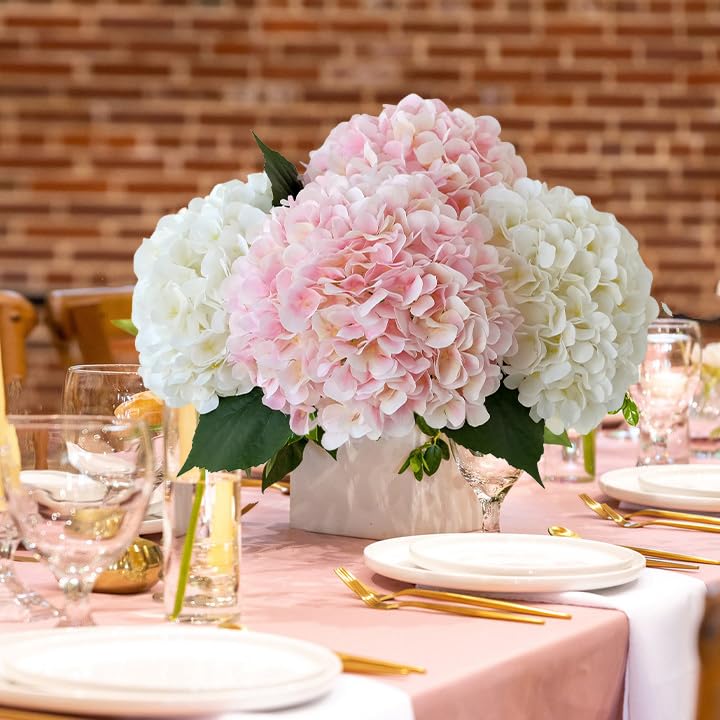 JINWOE Pink Flowers Silk Artificial Hydrangeas, 4Pcs 22" Lifelike Large Silk Flowers with Stems, Artificial Flowers for Wedding Bouquet Table Centerpieces Outdoor Home - color: Light Pink