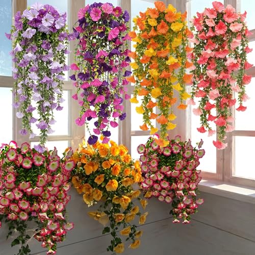8 Packs Artificial Hanging Flowers for Outdoors Fake Morning Glory for Home Decoration UV Resistant Mixed Color Greenery and Flowers for Porches Gardens Yard Decor (Mixed-Color) - color: Mixed-color