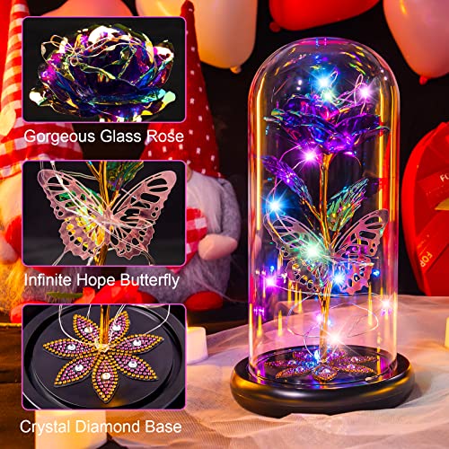 Pusuny Mothers Day Flowers Gifts for Mom Women Birthday Gift Galaxy Glass Rose Forever Eternal Crystal Flowers Rose in Glass Dome with Butterfly Mother's Day Roses Gifts for Mom Daughter Wife Purple - color: A Purple