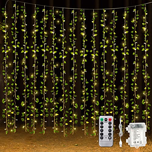 Unittype 15 Pcs 6.6 ft 300 LED Fake Ivy Vines with Lights for Bedroom String Fairy Light Curtain Artificial Hanging Vines Plant Garland with Light for Wall Outdoor Indoor Decor(Ivy Leaf) - style: Ivy Leaf