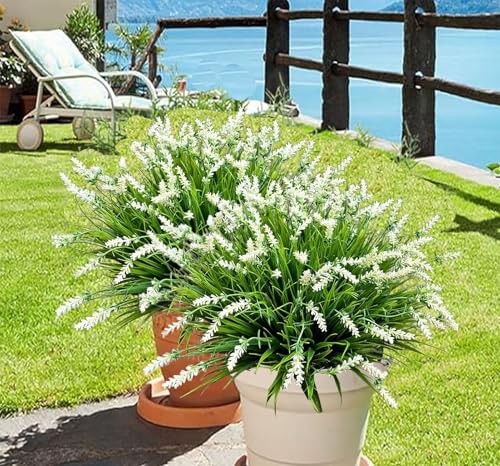 Artificial Faux Plants Flowers for Outdoor Decorations,Faux Plastic Fake Monkey Grass Greenery for Spring Summer UV Resistant Realistic Artificial Shrubs for Courtyard Window Garden(B-White, 12 PCS) - color: B-white