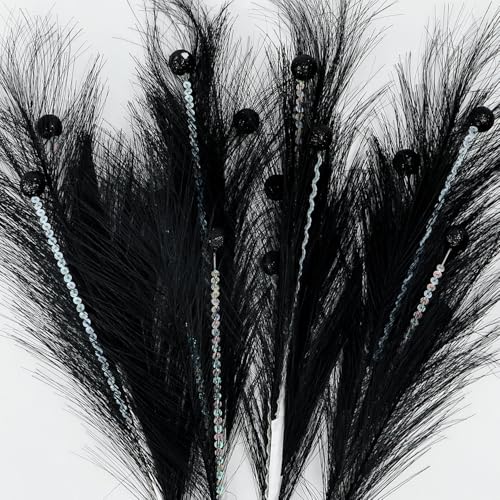 Christmas Tree Picks Decorations Set of 4 Sequins Ball Sprays 17" Artificial Furry Reed Grass Stems Fluffy Pampas Branches Feather Tails for Vase Fillers Flower Arrangements Tree Topper (Black) - color: Black
