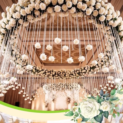 Norme 16pcs 31.4 Inch Wedding Rose Hanging Garland Crystal Beaded String Garland Artificial Rose Flower Decor for Wedding Engagement Bridal Shower Party Valentine's Day Party Decorations - color: White