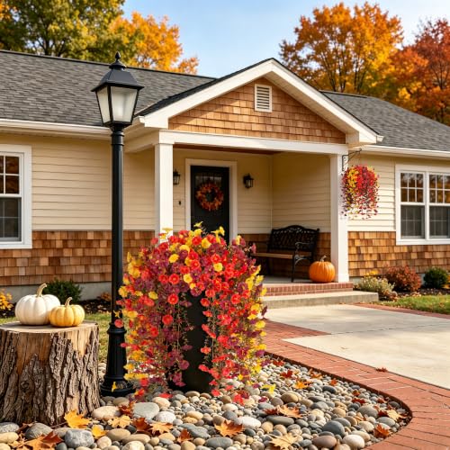 INXUGAO 8 PCS Fake Fall Flowers Artificial Faux Plants for Outdoor Decor | UV Resistant Realistic Home Outside Indoor Patio Front Porch Planter Garden Balcony Yard Window Box Orange Brown Yellow - color: Orange Yellow Brown