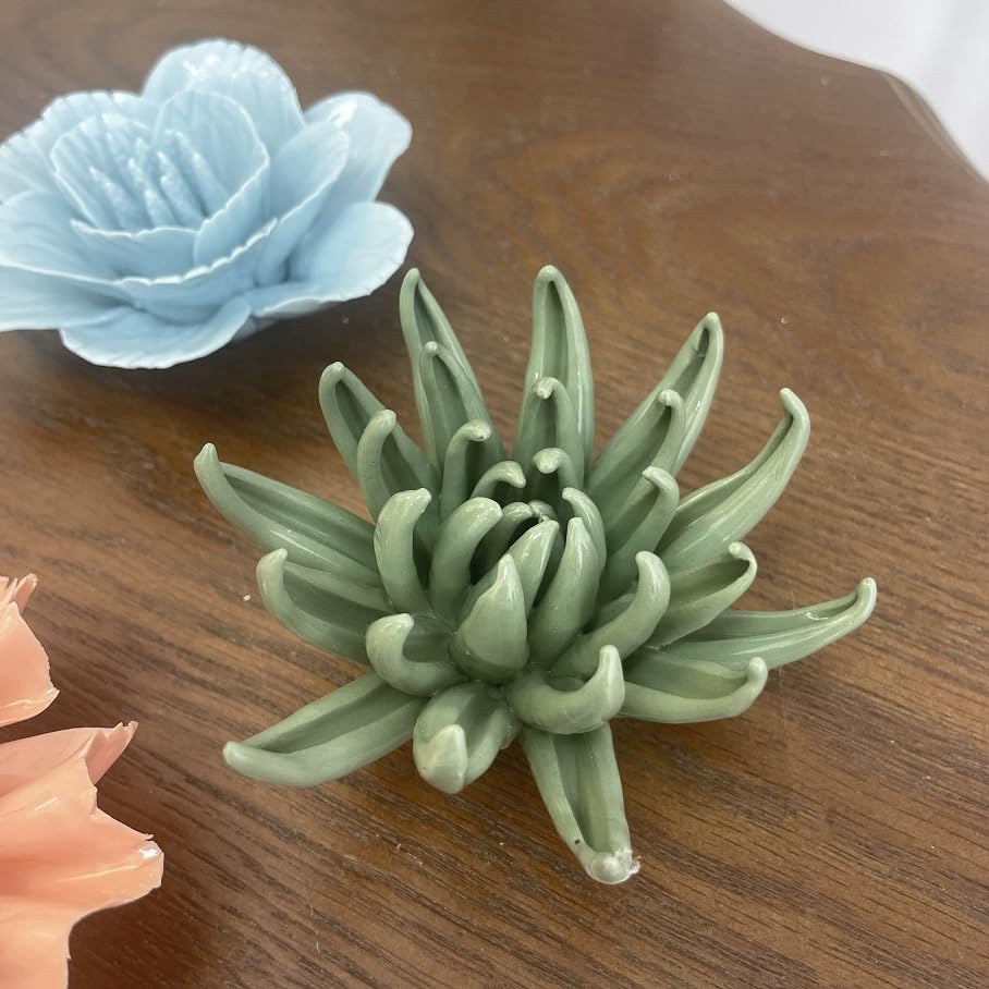 Ceramic Flower Wall Art, Artificial Flower Wall Sculpture，Handcrafted 3D Hanging Porcelain Flowers ,3D Wall Hanging Decor ,Porcelain Flower Wall Décor for Home，Hallway，Kitchen，Office (Dark Green，Chrysanthemum, 2.76") - color: Dark Green，Chrysanthemum, siz