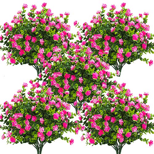 Grunyia 10 Bundles Artificial Fake Flowers, Faux Outdoor Plastic Plants UV Resistant Shrubs Outside Indoor Decorations (Pink-Eucalyptus) - color: Pink-eucalyptus