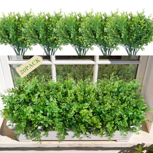 20 Bundles Artificial Plants Fake Greenery for Outdoor Spring Summer Decoration, UV Resistant Realistic Faux Shrubs Stems No Fade Plastic Boxwood for Planter Garden Patio Balcony Porch Backyard Indoor - color: Green 20
