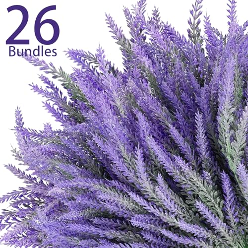 26 Bundles Lavender Fake Artificial Flowers, Faux Plastic Plants for Home Decor, Outdoors Wedding Kitchen Garden Patio Porch Window Box Office Table Centerpieces Indoor Outdoor Decorations - color: Grey Purple-26pcs