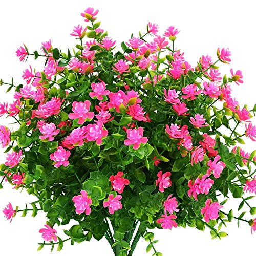 8 Bundles Outdoor Artificial Fake Flowers UV Resistant No Fade Boxwood Faux Plastic Plants for Garden Patio Porch Window Box Home Wedding Farmhouse Décor (Pink) - color: Pink