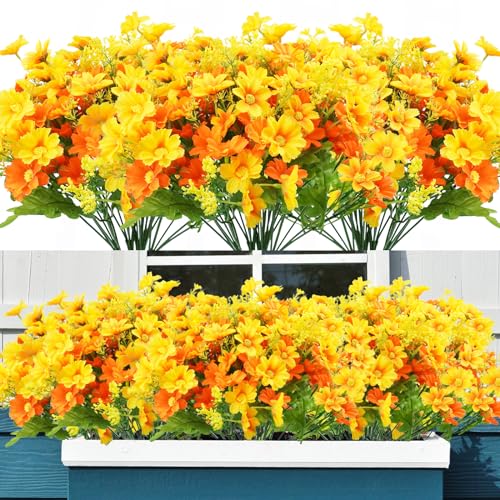 Uieke 24 Bundles Artificial Fall Flowers for Outdoors Fake Daisy Mums Flowers UV Resistant Autumn Flowers No Fade Indoor Outside Home Wedding Garden Porch Fall Décor (Orange Yellow) - color: Yellow,orange, size: 24
