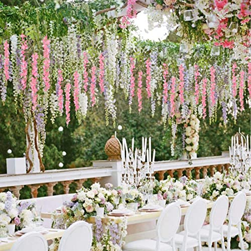12 Pack Wisteria Flower Vines Garland, 3.75 Ft Artificial Flower Strings, Fake Hanging Flowers, Silk Wisteria Garland Flowers, Flower Vine for Wedding Garden Decor (Pink) - color: Pink