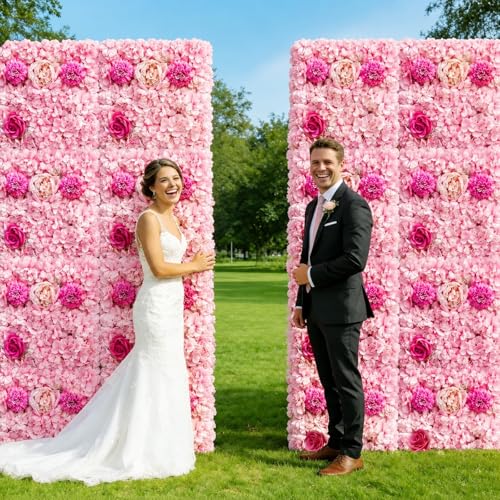 Zythrem 12-Pack Flower Wall Backdrop Rose Pink Backdrop 15×15 Inch Artificial Silk Flower Panels 3D Pink Flower Wall for Wedding Birthday Party Home Event Photography Background - color: Pink