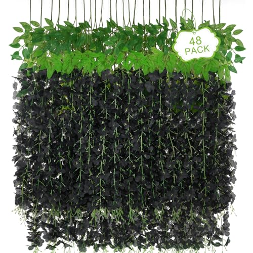 48Pcs Artificial Wisteria Hanging Flowers, 3.6Ft/Pcs Black Fake Wisteria Garland for Wedding Party Home Garden Indoor Outdoor Decoration - color: Black, size: 48Pcs
