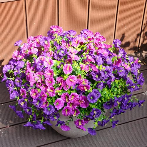 Artificial Flowers for Outdoors, UV Resistant Fake Silk Morning Glory, Realistic Faux Plants for Outside Porch Patio Window Box Hanging Planter (16, Purple Fuchsia) - color: Purple Fuchsia