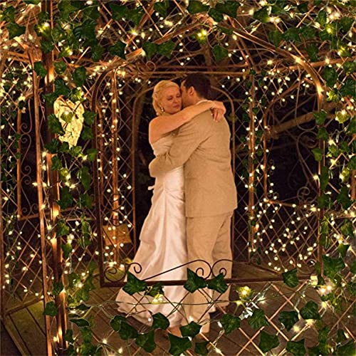 12 Pack Fake Vines for Room Decor with 100 LED String Light Artificial Ivy Garland Hanging Plants Faux Greenery Leaves Bedroom Aesthetic Decor for Home Garden Wall Wedding - size: 12pcs Ivy with 100 LED