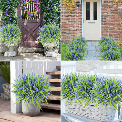 Ouddy Decor 24 Bundles Artificial Flowers for Outdoors, Fake Lavender Flowers Monkey Grass Faux Plastic Plants Shrubs UV Resistant for Porch Garden Window Box Office Home Decorations, Purple - color: Purple