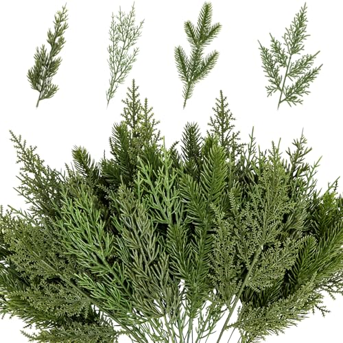 40 Pcs Artificial Pine Branches Assorted Faux Pine Stems Cedar Leaves Needle Sprigs Plastic Fake Christmas Greenery Pine Picks for Xmas Tree Wreaths Garlands DIY Accessories Home Decor (40, Green)