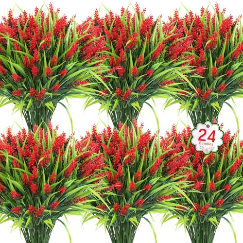 Ouddy Decor 24 Bundles Artificial Flowers for Outdoors, Fake Lavender Flowers Monkey Grass Faux Plastic Plants Shrubs UV Resistant for Porch Garden Window Box Office Home Decorations, Red - color: Red