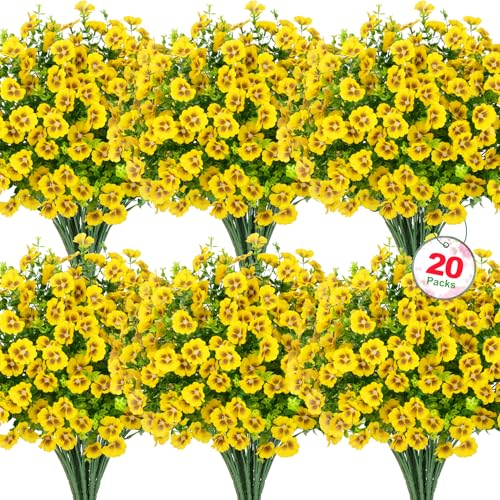 Roberly 20 Bundles Artificial Flowers for Outdoors, Fake Silk Flowers with Plastic Eucalyptus Greenery Stems Realistic Faux Plants for Spring Summer Porch Patio Yard Garden Vase Home Decor, Yellow - color: Yellow
