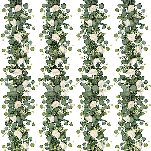 TOCHGREEN 4 Pack Artificial Eucalyptus Flower Garland with White Roses, Fake Rose Flower Greenery Garland Floral Vines for Wedding Home Party Table Runner Decor (4PCS, White) - color: White, size: 4PCS