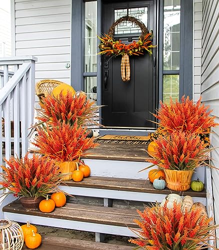RECUTMS Artificial Fall Mums Flowers Plants Outdoors, Faux Plastic Shrubs Fake Greenery UV Resistant for Garden Patio Decor Window Box Office Hanging Planter Pathway Front Porch(Samlon) - color: Salmon