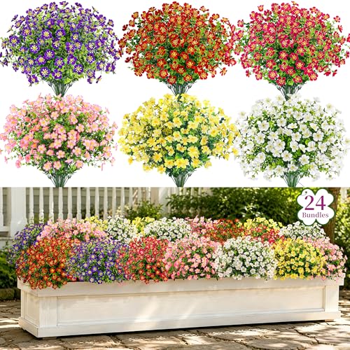 Der Rose 24 Bundles Fake Flowers Artificial Dasiy Faux Flowers Bulk for Outdoor Spring Garden Porch Farmhouse Decor - color: 6 Colors Mix