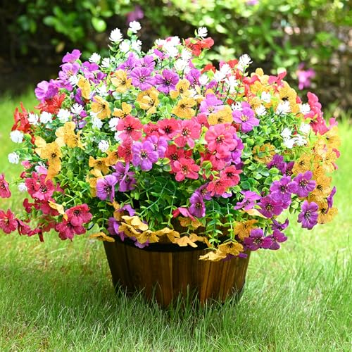 LADADA Artificial Flowers for Outdoors Faux Plants Outdoor Fake Flowers Spring, UV Resistant 12 Bundles Lifelike Faux Plants Greenery Shrubs for Patio Porch Garden Hanging Baskets Window Box Decor - color: Red Yellow Purple Pink