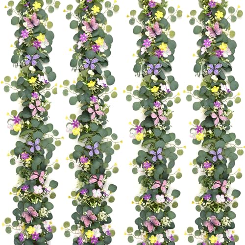 Waipfaru 4Pcs Eucalyptus Garland with Daisy 3D Butterfly, Green Garland with Flowers, 5.9FT Artificial Faux Eucalyptus Leaves Vines for Table Mantle Home Wedding Party Indoor Outdoor Decor - color: Butterfly Eucalyptus, size: 4Pcs