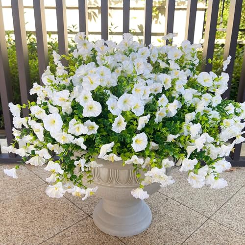 Artificial Fake Flowers For Outdoor Outside Decoration,16 Bundles UV Resistant Faux Plastic White Flowers with Green Eucalyptus Stem Plants Bulk Look Real for Home Porch yard Patio Planters (White) - color: White